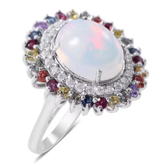 Ethiopian Welo Opal & Multi Gemstone Double Halo Ring Platinum/Sterling Silver - Picture 7 of 10